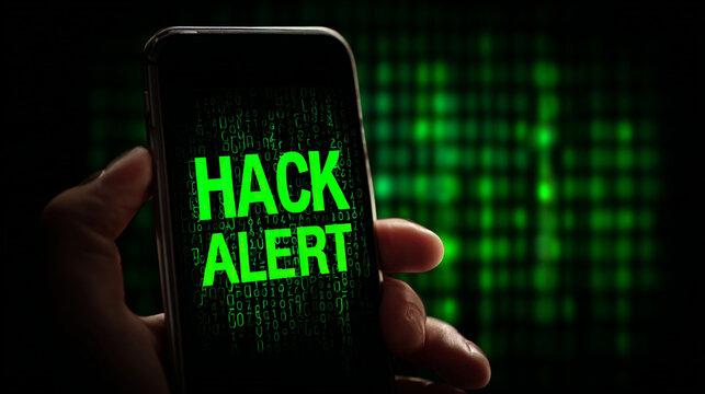 Bright green neon hack alert text displayed clearly on a modern hand held smartphone screen