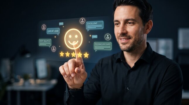 Professional man pointing at holographic five star rating and feedback interface with smiley face and positive text bubbles to showcase successful client experience and company excellence