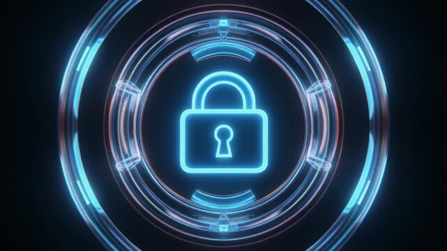Glowing padlock icon with rotating security rings, cybersecurity and data protection concept