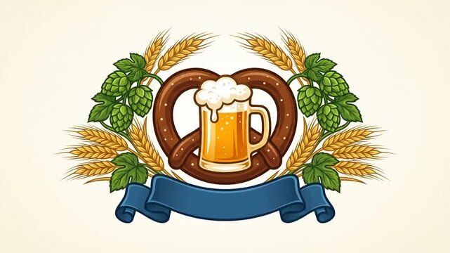 Beer emblem with pretzel hops and wheat fading in for Oktoberfest animation