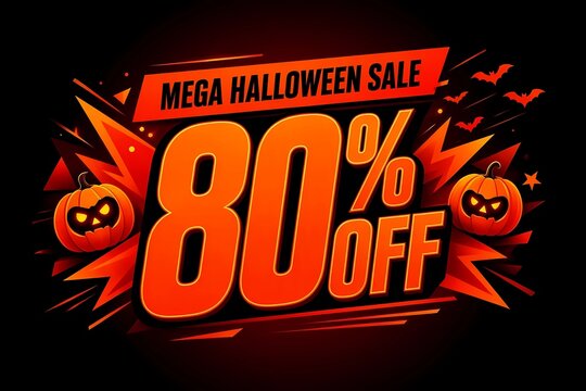 Mega Halloween sale 80 percent off banner with jack o lantern pumpkins on dark background