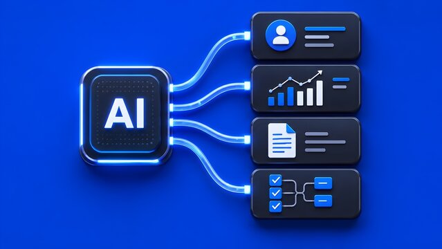 3D glowing neon AI chip connecting to digital profile, financial chart, document, and process workflow panels on a blue background representing smart automation