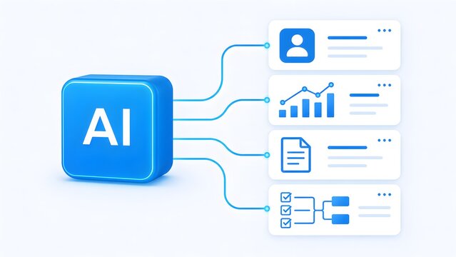 3D render of blue AI block connecting to profile, analytics chart, document, and checklist workflow icons on a white background representing artificial intelligence automation