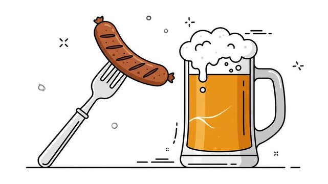Animation of sausage on a fork and a glass of foamy beer