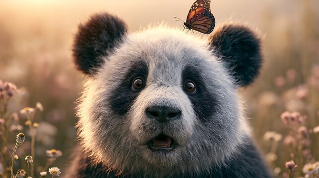 Adorable Baby Giant Panda with Butterfly on Head in Sunny Wildflower Meadow