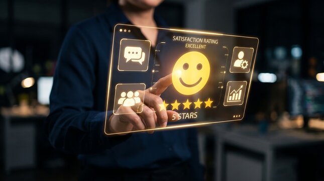 Business person using glowing digital interface to submit excellent satisfaction rating with five stars to illustrate customer service performance and feedback loop analysis