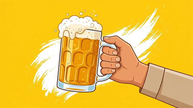 Animation of a Hand Holding a Frothy Beer Mug on Yellow Background