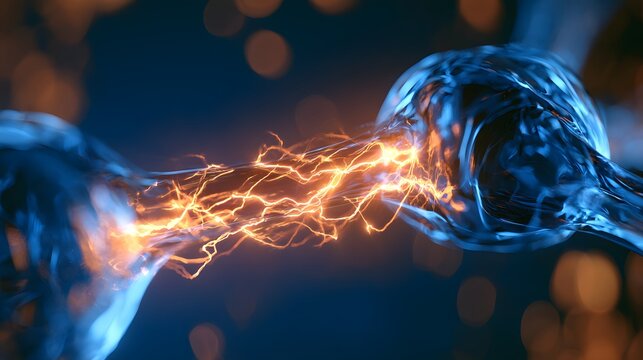 Electrical Nerve Impulse Crossing Synapse Between Neurons, Glowing Neural Connection and Brain Signal Transmission, Neuroscience, Nervous System, Neurology and Medical Communication Concept