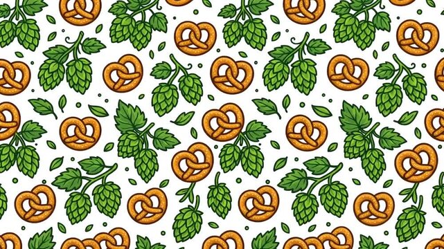 Seamless looping background pattern with cartoon pretzels and green hops on white background