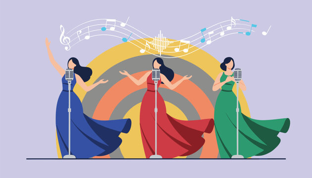 Three elegant female vocalists singing on stage under warm spotlights with colorful musical notes in the air.