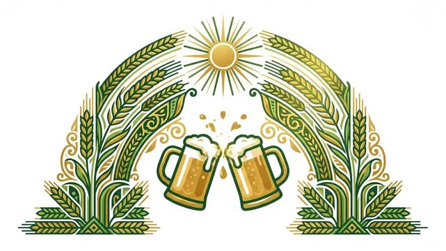 Animated Beer Mugs Clinking with Wheat and Sun Frame