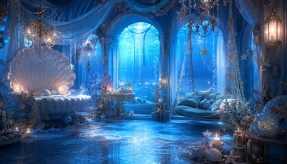 Naklejka premium Underwater fantasy bedroom with seashell bed and ocean view
