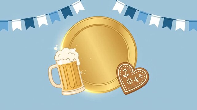 Oktoberfest beer festival golden badge animation with pretzel and beer mug