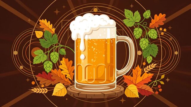 Beer Mug with Autumn Leaves and Hops Growing Around