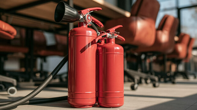 Fire Safety in Office: Two red fire extinguishers stand ready for emergencies, placed in an office setting with chairs and tables visible in the background, emphasizing preparedness and safety.