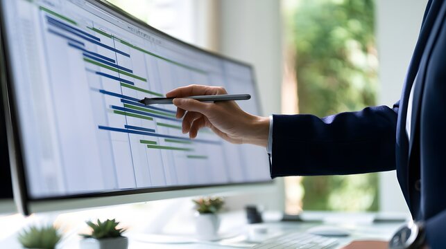 Project Manager Reviewing Gantt Chart Schedule on Computer Screen, Business Professional Planning Tasks and Timeline, Workflow Management, Project Tracking and Corporate Strategy Concept
