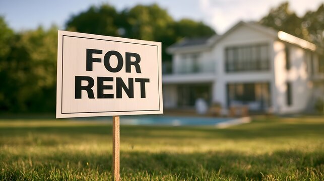 For Rent Sign on Green Lawn in Front of Modern Suburban House, Residential Property Available for Lease, Real Estate Rental Market, Housing Investment and Home Relocation Concept