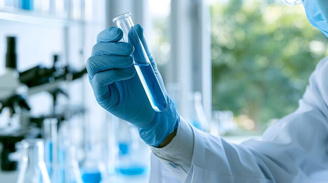 Scientist Holding Test Tube in Modern Research Laboratory, Blue Gloved Hand Examining Liquid Sample, Medical Science Experiment, Biotechnology, Chemistry and Clinical Diagnostics Concept