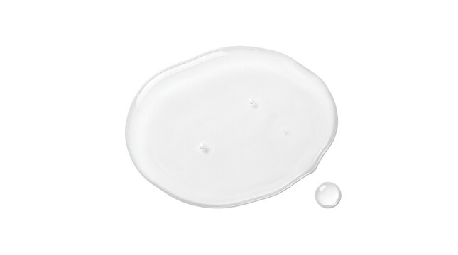 Translucent watery toner texture puddle with a small droplet isolated on transparent background