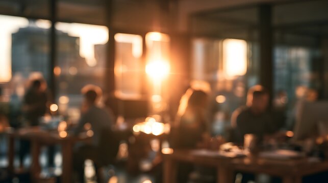 Warm Sunset Light Inside Busy Caf&eacute; Restaurant with Blurred People Socializing at Tables, Cozy Urban Coffee Shop Interior, Evening Dining Atmosphere and Lifestyle Hospitality Concept