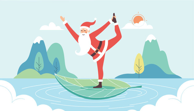 Jolly Santa Claus practicing a balanced yoga pose on a large green leaf floating calmly on water with a scenic mountain backdrop.