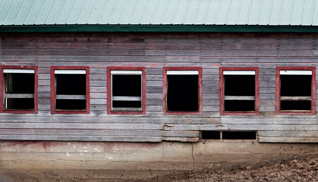 Side view of a weathered wooden barn with a green metal roof and six red-framed window openings, showing rustic texture, aged wood grain, and the geometric rhythm of rural architecture.