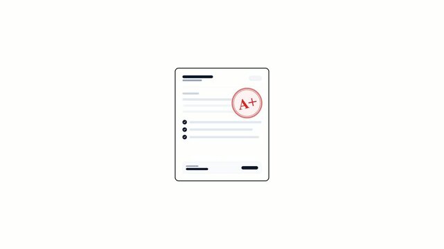 Academic exam paper with red grade A+ stamp animation. 4K  Video
