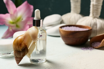 Giant Achatina snail with cosmetic products, spa accessories and lily flower on light table © Pixel-Shot
