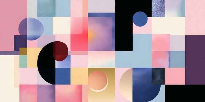 Abstract geometric composition with overlapping circles and rectangles in soft pastel blues, pinks, and blacks