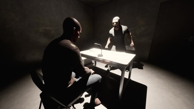 Intense interrogation of criminal suspect in dark room with microphone and camcorder recording, 3D animation