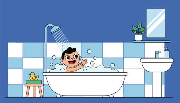 Cheerful little boy enjoying a fun bubble bath in a cozy blue tiled bathroom with a rubber duck on a stool next to him.