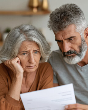 Senior couple grips bills, eyes heavy with stress. Woman's head rests on her hand, brows furrowed. Man stares down, expression tense and weary. Their home is softly lit, with warm wooden shelves