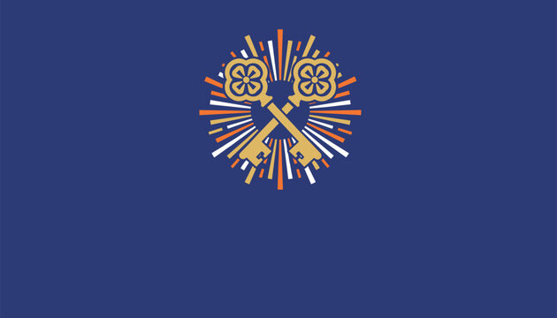 Elegant golden crossed keys symbol surrounded by colorful retro rays against a solid dark blue background.