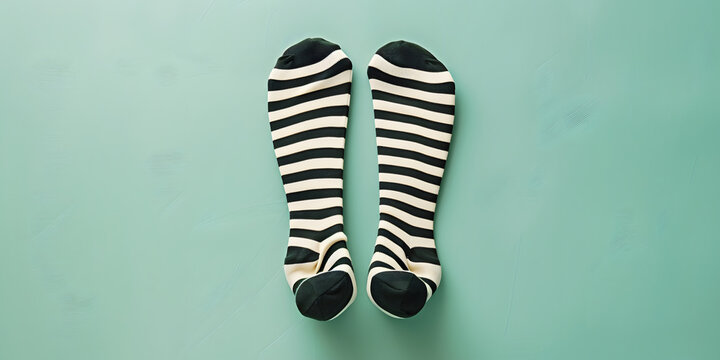 Striped knee-high socks lie flat on a turquoise background.