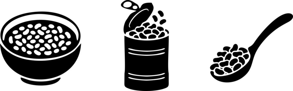 Simple baked beans vector icons A bowl of beans, an open can, and a spoon full of beans