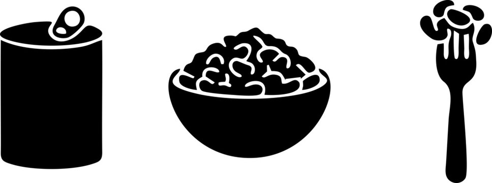 Black and white baked beans vector icons showing kidney beans, a small serving dish, and a cooking ladle for food and nutrition illustrations