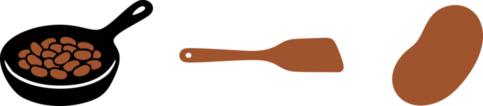 A collection of baked beans vector illustrations featuring a cast iron skillet filled with legumes a wooden spatula and a singular bean icon