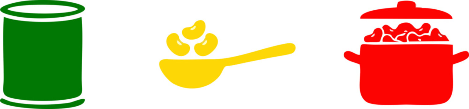 Simple baked beans vector illustrations showing a tin, a spoonful of beans, and a pot of cooking food