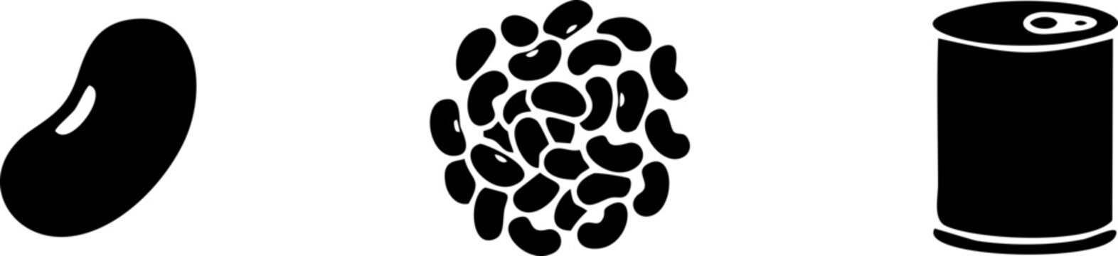 Set of baked beans vector icons featuring a single legume a pile of seeds and a canned food container in a minimalist flat black graphic style