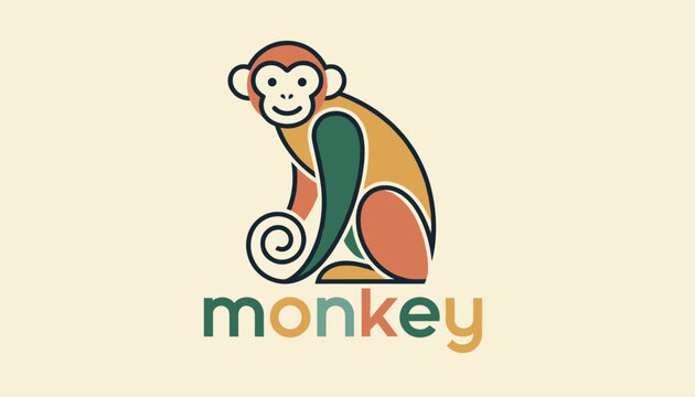 Symmetrical and stylized colorful monkey logo design features the word monkey below in a clean sans serif font.