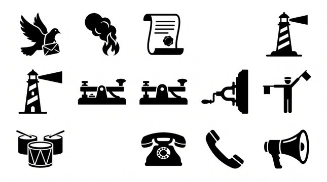 Vintage communication icons set, black silhouette historical messaging symbols, retro telegraph and lighthouse vector graphics for educational design