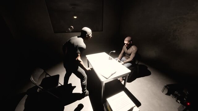 Intense interrogation of criminal suspect in dark room with microphone and camcorder recording, 3D animation