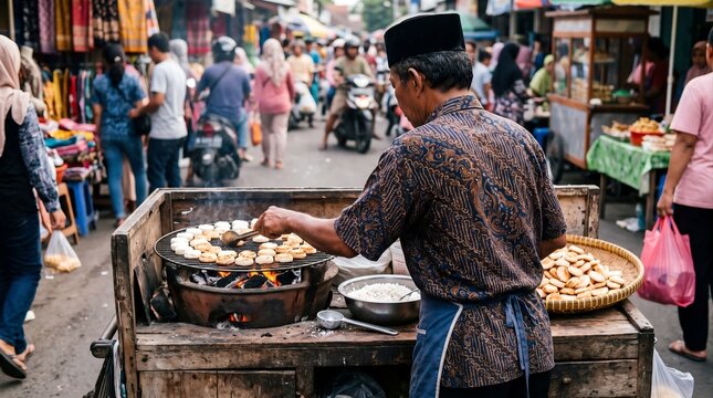 Traditional Indonesian Street Vendor Preparing Fresh Kue Cubit Pancakes on a Hot Charcoal Grill at a Bustling Local Morning Market