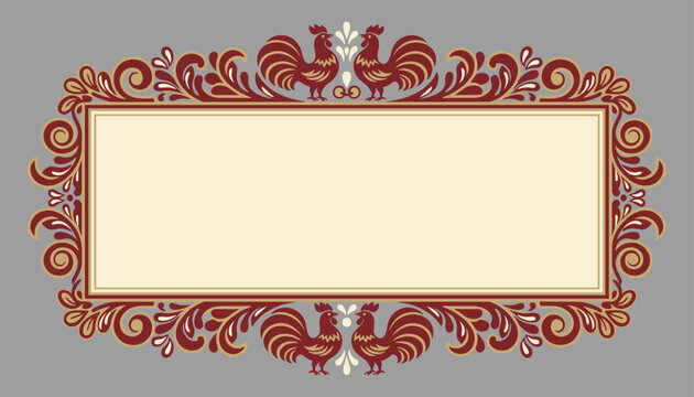 Traditional decorative border frame featuring elegant red roosters and intricate floral scrollwork on a grey background.