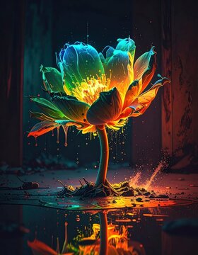Bioluminescent glowing flower blooming on dark reflective surface.