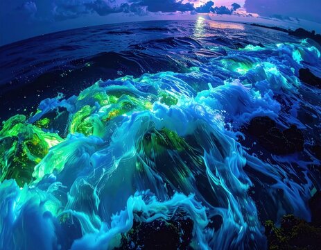 Bioluminescent glowing neon ocean waves crashing at night.