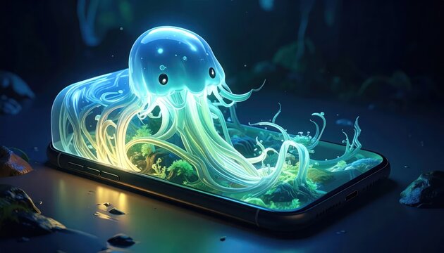 Bioluminescent jellyfish emerging from smartphone screen