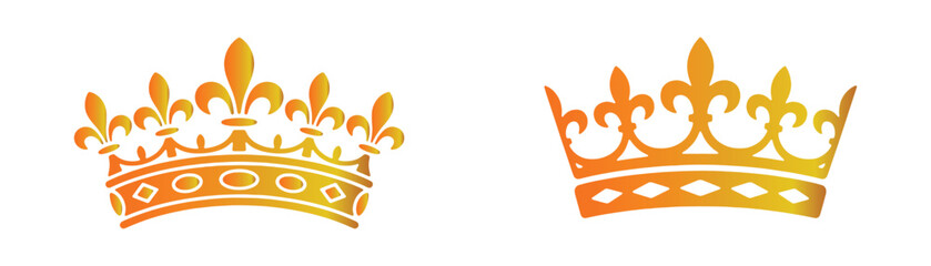 Golden royal crowns with ornate patterns and fleur de lis motifs represent luxury and prestige for design. © Akibuzzaman