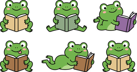 Fototapeta premium Cute Frog Reading Book Character Set with Funny Poses for Kids Education, Children Books, and Nursery Illustration Designs