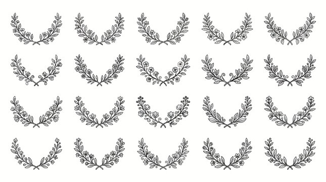Hand drawn floral laurel wreaths and decorative curved borders